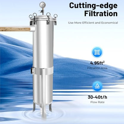 #2 Bag Filter Housing, 304 Stainless Steel Industrial Liquid Filtration Equipment, Solid-Liquid Separation Filter with Pressure Gauge Adjustable Height