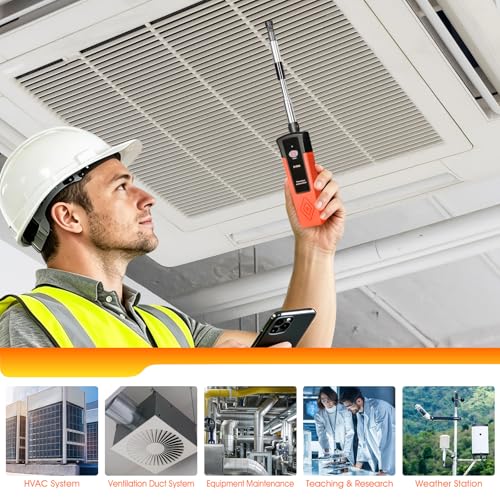 Hotwire Anemometer Handheld for Air Celocity, in-Duct Airflow and Temperature, HVAC Wind Speed Meter with Revolve Telescopic Probe, Bluetooth App, Digital Air Flow Meter CFM Meter GR-9100A