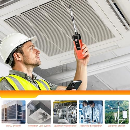 Hotwire Anemometer Handheld for Air Celocity, in-Duct Airflow and Temperature, HVAC Wind Speed Meter with Revolve Telescopic Probe, Bluetooth App, Digital Air Flow Meter CFM Meter GR-9100A