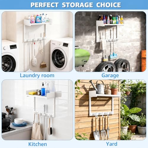 Mop Broom Holder Wall Mount with Top Shelf, Broom Organizer Wall Mount - color: White, size: Small
