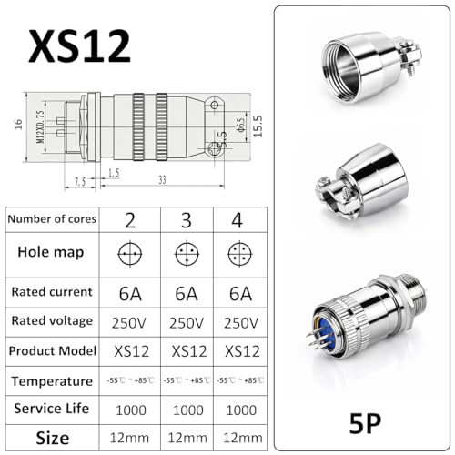 CLYXGS 4 Pack XS12 Aviation Plug Connector, 5 Pin 12mm Push-Pull Circular Connector, 6A 250V Quick Disconnect Wire Cable Male & Female Plug Socket Kit for Industrial, Automotive, and Marine - style: XS12-5