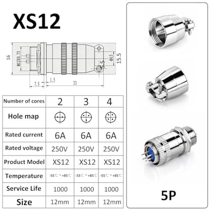 CLYXGS 4 Pack XS12 Aviation Plug Connector, 5 Pin 12mm Push-Pull Circular Connector, 6A 250V Quick Disconnect Wire Cable Male & Female Plug Socket Kit for Industrial, Automotive, and Marine - style: XS12-5