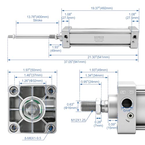 BAOMAIN Pneumatic Air Cylinder 1.57" Bore 15.75" Stroke SC40x400