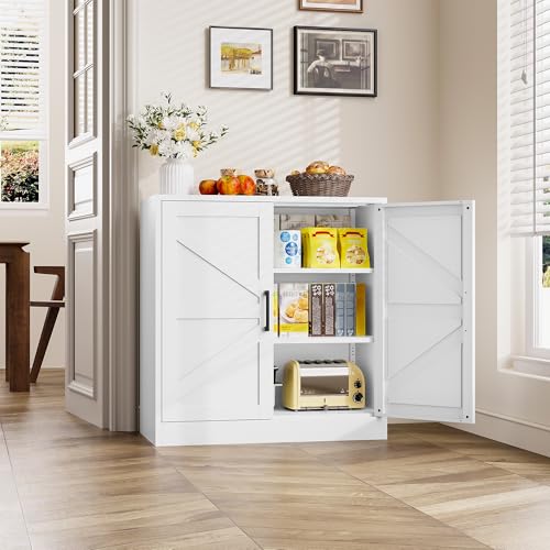 White Storage Cabinet with Doors and Adjustable Shelves,36" Farmhouse Food Pantry Cabinets,Small Sideboard Cabinet,Short Metal Storage Cabinets for Home Kitchen,Dining/Living/Laundry/Room - color: White, size: 36"H