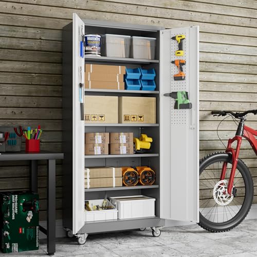 Reemoon 71" H Metal Garage Storage Cabinet with Wheels,Grey&White - color: White, size: 31.5" W x 16" D x 71" H