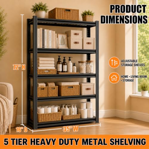 Heavy Duty 5 Tier Metal Garage Shelving, 72" H × 35" W × 16" D - size: 62"H × 27.6"W × 12"D