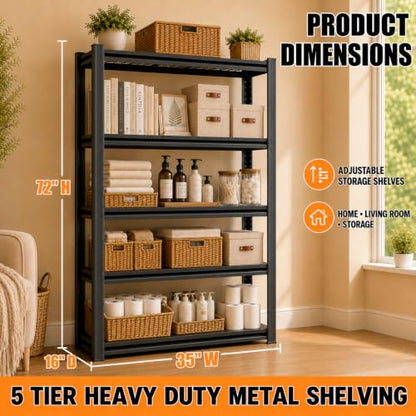 Heavy Duty 5 Tier Metal Garage Shelving, 72" H × 35" W × 16" D - size: 62"H × 27.6"W × 12"D