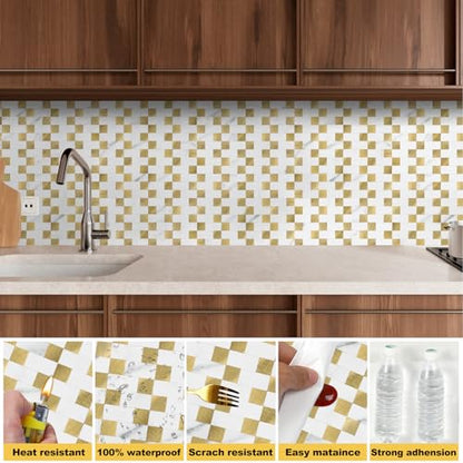 Yipscazo Peel and Stick Backsplash Tile, Stick on Stainless Steel Backsplash Metal Tiles for Kitchen Walls in Marble White Mixed Gold (12''x12'',10 Sheets) - color: Marble White mixed Gold