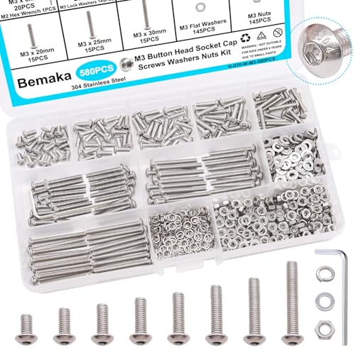 580PCS M3 Screw Kit, M3 x 6/8/10/12/16/20/25/30mm Button Head Socket Cap Screws Bolts Nuts Washers Assortment Kit, 304 Stainless Steel Machine Screws with Hex Wrench - color: SV-SS M3 x 6-30mm/