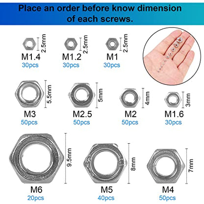 380Pcs Metric Hex Nuts Assortment Kit, for Screw Bolt (M1/M1.2/M1.4/M1.6/M2/M2.5/M3/M4/M5/M6), 18-8 Stainless Steel Hex Hexagonal Nuts, External Hex Nut Set - size: Metric Kit: M1 to M6