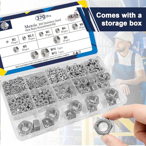 ZQZ 370 Pcs Metric Hex Nuts Assortment Kit Stainless Steel (M2-M12) Nut Set - size: Metric Hex Nuts Assortment;370 PCS