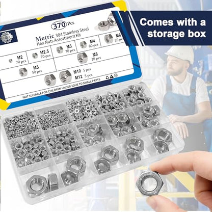 ZQZ 370 Pcs Metric Hex Nuts Assortment Kit Stainless Steel (M2-M12) Nut Set - size: Metric Hex Nuts Assortment;370 PCS