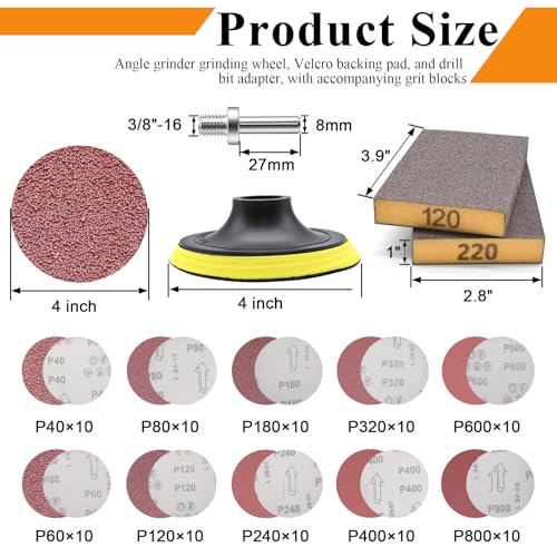 102PCS 40-800 Grits Angle Grinder Sanding Disc and Blocks 4 Inch Upgraded Hook and Loop Backing Pad (3/8-16 Threads) and 8MM Drill Adapter with 120/220 Sanding Blocks for Wood Metal Polishing