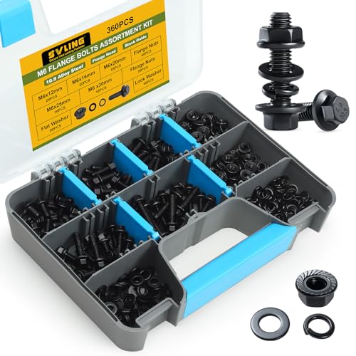 M6-1.0 Bolt Flange Hex Bolt Assortment,360Pcs Metric Bolts and Nuts Kit Serrated Flange Nuts Washers,10.9 Alloy Steel Black Zinc Plated (M6x12/16/20/25/30mm) - size: Black M6 360PCS Flanged Bolt