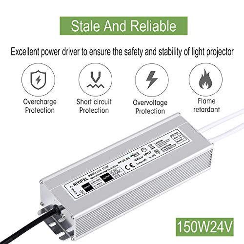 LED Driver 150 Watts 24V DC Low Voltage Transformer， Waterproof IP67 LED Power Supply, Adapter with 3-Prong Plug 3.3 Feet Cable for Any 24V DC led Lights, Computer Project, Outdoor Light - size: 150W-24V