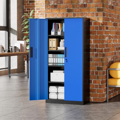 Greenvelly Metal Storage Cabinet, 72" Locking Metal Garage Storage Cabinet with Doors and 4 Adjustable Shelves, Lockable Steel Cabinet for Home Office, Garage, Shop, School (Blue 32" W x 16" D) - color: Blue, size: 72 Inch - 32W