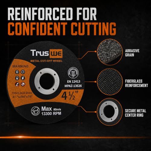 4-1/2 Inch Cut Off Wheels, 52 Count Ultra Thin Metal Cutting Discs for Angle Grinders, 0.045 x 7/8 Inch, for Steel and Stainless Steel, Up to 13,300 RPM - size: 4 1/2 Inch