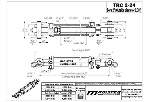 Double Acting Hydraulic Cylinder - AG Tie-Rod Hydraulic Cylinder 2500 PSI Agriculture Standard 2" bore 24" Stroke (2x24) - size: 24" Stroke, style: 2" Bore