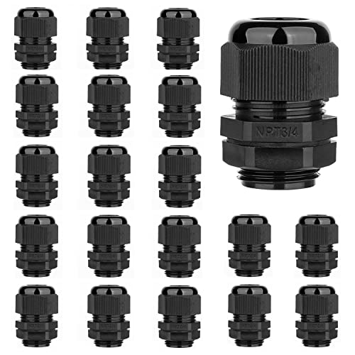 20 Pack 3/4'' NPT Cable Gland Waterproof Adjustable 13-18mm/0.51-0.71inches Nylon Cable Glands Joints With Gaskets (3/4", 20 Pack) - size: 3/4'' (20-Pack)