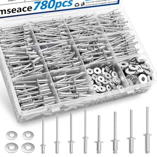 smseace 780Pcs Aluminum Pop Rivets Kit with 304 Stainless Steel Washers, 10-Size SAE Blind Rivet 1/8 3/16 Inch,Metal Blind Rivets for Furniture Automotive Instruments Repair - color: Silver Aluminum, size: 780Pcs