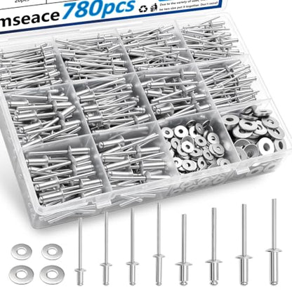 smseace 780Pcs Aluminum Pop Rivets Kit with 304 Stainless Steel Washers, 10-Size SAE Blind Rivet 1/8 3/16 Inch,Metal Blind Rivets for Furniture Automotive Instruments Repair - color: Silver Aluminum, size: 780Pcs