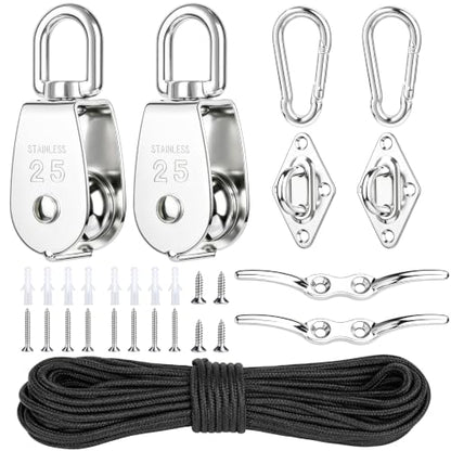 M25 Stainless Steel Pulley System Kit,Pulley Block with Nylon Rope | 2 Pack M25 Heavy Duty Pulleys Wheel with Rope Cleat, Eye Pad Plate and Hooks for Sun Shade Sail, Clothesline - size: 2P-M25