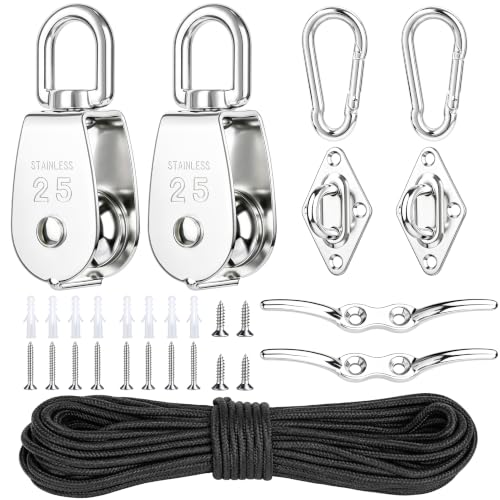 M25 Stainless Steel Pulley System Kit,Pulley Block with Nylon Rope | 2 Pack M25 Heavy Duty Pulleys Wheel with Rope Cleat, Eye Pad Plate and Hooks for Sun Shade Sail, Clothesline - size: 2P-M25
