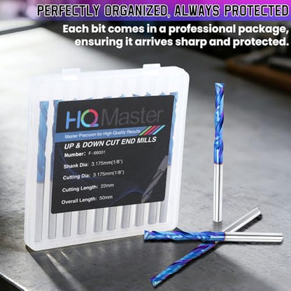 HQMaster Up & Down Cut Compression Bit 1/8" Shank Spiral CNC Router End Mill Tungsten Carbide Milling Cutter Set 10 Pack