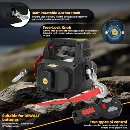 1000LB Battery Power Winch 40FT Synthetic Rope, Compatible with DeWALT Battery(Greater Than 20V 4.0ah),Battery Powered Winch with Remote,for Lifting (Black,Battery not Included) - color: Black