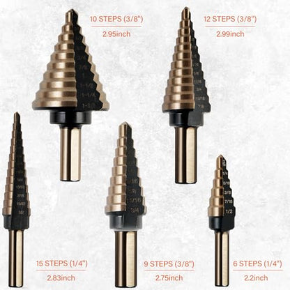 KENDO 6PCS Step Drill Bit Set for Metal, 50 Hole Sizes with Center Punch