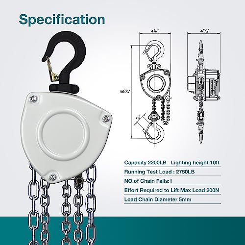 TOYO Chain Hoist 1100Lb,10ft Manual Chain Block Hoist 0.5ton Chain Fall 3M Come Along Hand Chain Hoist 2 Heavy Duty Hooks Industrial Grade Steel for Warehouse Automotive Construction Building - size: 1/2 Ton 10FT