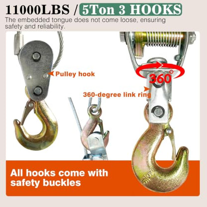 11000lbs Come Along Winch,5T Pulling Capacity,12ft Steel Cable - size: 5 Ton