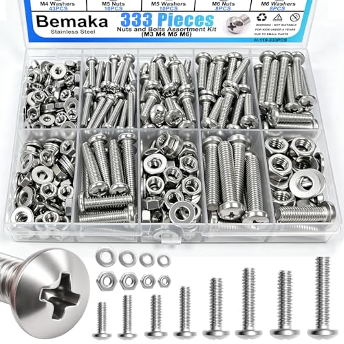333Pcs Machine Screws Nuts and Bolts Assortment Kit, Stainless Steel Bolts 9 Sizes M3 M4 M5 M6 Phillips Pan Head Screw Assortment Kit for Furniture, Automotive, Appliance Repair, DIY Projects - color: SV-M3 M4 M5 M6