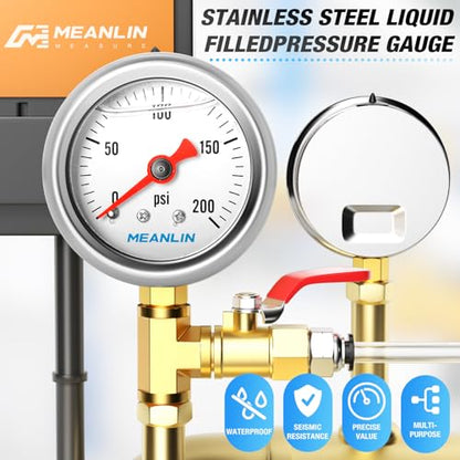 MEANLIN MEASURE 0~200Psi Stainless Steel 1/8" NPT 1.5" FACE DIAL, Glycerin Filled Pressure Gauge, Liquid Filled, Water Oil Air, Lower Mount, with 1/4" NPT and 3/8" NPT Hex Bushing - size: 0-200Psi