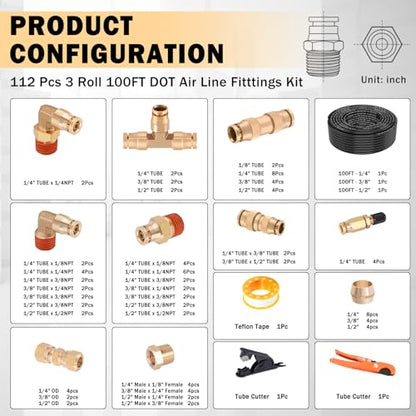 CheeMuii 112PCS Brass DOT Air Line Fittings with 3 Roll 100FT DOT Air Lines - size: 100FT-3ROLL-112PCS