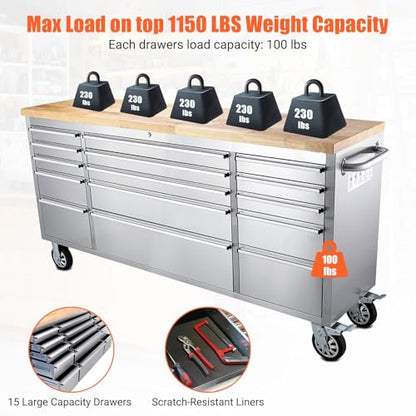 72" Heavy-Duty Rolling Tool Chest & Garage Workbench with 15 Drawers, Steel Cabinet, Rubber Wood Top, Key Locking System, Drawer Liners, On Wheels for Warehouse Repair Shop, Silver - size: 72 Inch Silver