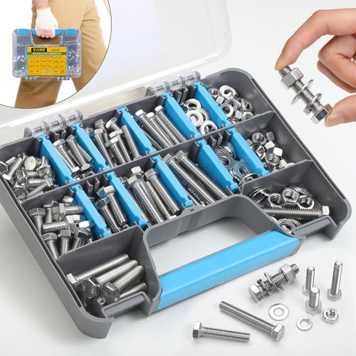267PCS Hex Bolts and Nuts Assortment Kit,1/4-20, 5/16-18, 3/8-16 Bolt Nut and Flat Washers Assorted,304 Stainless Steel, Fully Threaded - size: SS 1/4,5/16,3/8 267PCS Hex Bolt
