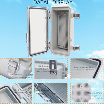 Waterproof Junction Box, ABS Plastic Electrical Box with Stainless Steel Latch, Hinged Cover Electric Project Enclosure Box with Mounting Plate, Wall Brackets & Cable Gland 7.9"x3.9"x2.8" - color: Clear, size: 7.9"x3.9"x2.8"