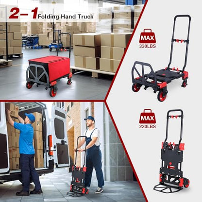 2 in 1 Hand Truck Dolly Foldable,330LB Portable Folding Hand Cart - color: C-red