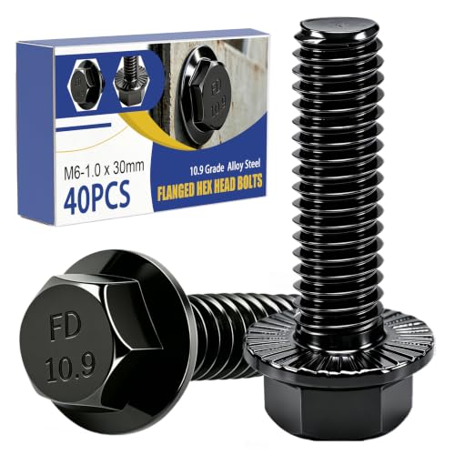 mankk 40PCS M6-1.0 x 30mm Flanged Hex Head Bolts,10.9 Grade High Tensile Alloy Steel, Black Zinc Plated, Full Thread, for Motorcycle, Auto, Farm Equipment & DIY - size: BK M6x30mm