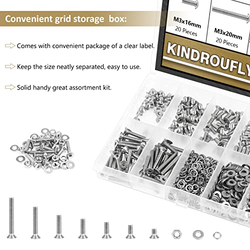 562 Pieces M3 x 4/6 /8/10 /12/16 /20mm Countersunk Head Socket Cap Screws Nuts Washers Assortment Kit, 304 Stainless Steel, Fully Machine Thread - size: M3, style: Countersunk Head Socket Cap