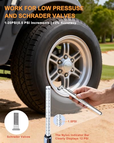 Low Pressure Tire Gauge - 1-20 PSI, 2-Pack Pencil Tire Pressure Gauge with Stainless Steel Body and Metal Made Nozzle, for RO tank, Golf Carts, ATV, UTV & Lawn Mower, Battery-Free, Deflator Function