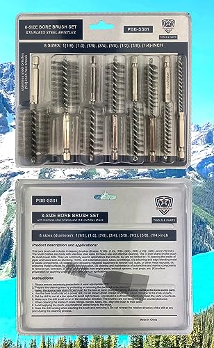 Stainless-Steel Bore Brush [8-Size Set] Wire Brush for Power Drill, Metal Cleaning Brushes, 1(1/8) to 1/4-inch Diameter in 1/8-in increments (or 29, 26, 22, 19, 16, 13, 10, 7 mm), (1/4-in Hex Shaft) - style: 1Set x 8Size (Stainless)