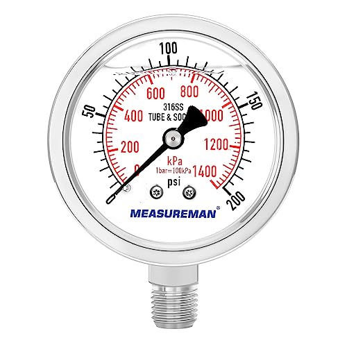 MEASUREMAN Fully Stainless Steel Hydraulic Glycerin Filled Pressure Gauge, 2-1/2" Dial Size,0-200psi/kpa,1/4" NPT Lower Mount - size: 0-200 psi, style: Lower Mount(100% Stainless Steel)