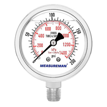 MEASUREMAN Fully Stainless Steel Hydraulic Glycerin Filled Pressure Gauge, 2-1/2" Dial Size,0-200psi/kpa,1/4" NPT Lower Mount - size: 0-200 psi, style: Lower Mount(100% Stainless Steel)