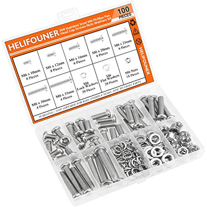 HELIFOUNER 100 Pieces M6 x 10mm /12mm /16mm /20mm /25mm /30mm /35mm, Phillips Pan Head Machine Screws, Metric Screws Bolts Washers Nuts Kit, 304 Stainless Steel - size: M6, style: Phillips Pan Head Machine Screws
