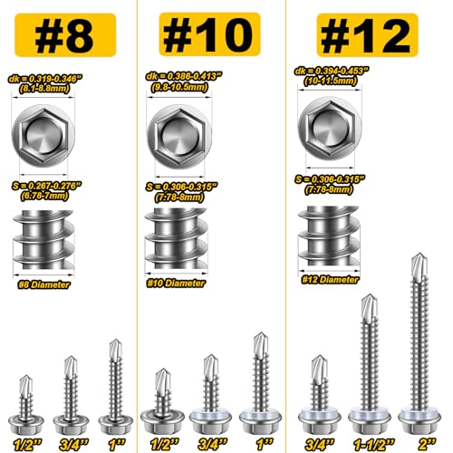 Mywish 410 Stainless Steel Self Tapping Screws for Metal, 385 Pieces #8#10#12 Hex Head Self Drilling Screws Assortment Kit, Length 1/2" to 2", High Strength Sheet Metal Screws - color: Silver, size: #8 #10 #12 Hex Head 385Pcs