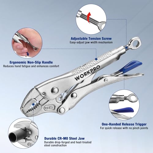 WORKPRO 5" Curved Jaw Locking Pliers with Screw Extractor, CR-MO Steel Construction with Perforated Screw, Multipurpose Clamping Tool for Automotive, Welding, and Home DIY