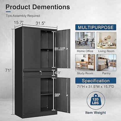 Metal Garage Storage Cabinet with Lock, Tool Cabnets with 1 Drawer - color: Black, size: 71"H x 32"W x 16"D-W