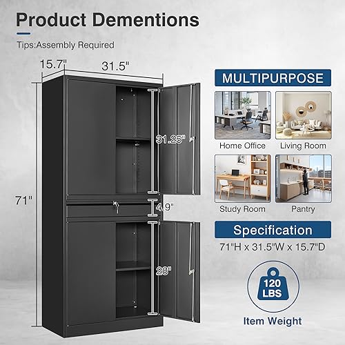 Metal Garage Storage Cabinet with Lock, Tool Cabnets with 1 Drawer - color: Black, size: 71"H x 32"W x 16"D-W